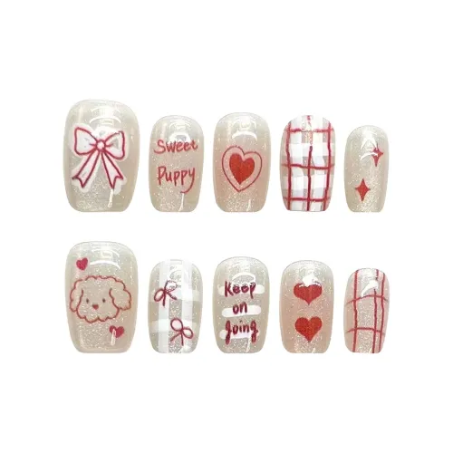 SHANGSHIQIN Cartoon Cute Sweetheart Bowknot False Nail 20mm Short LADDER Red Solid Color