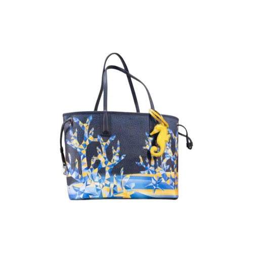 MCM Liz Visetos Покрытый холст с кожаными вставками Тоут Сумка Сумка для покупок Сумка среднего размера Женская Синяя