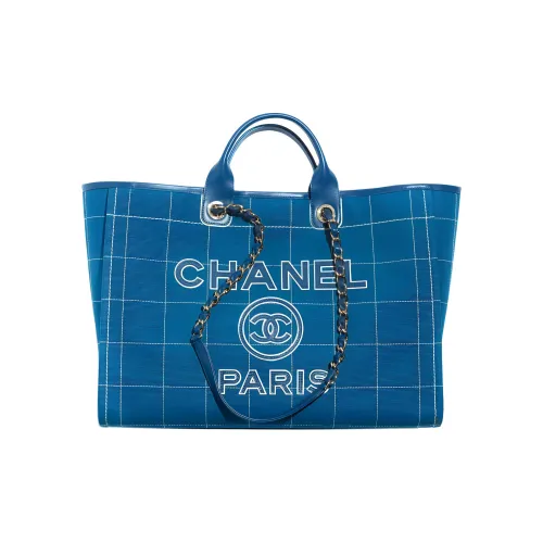 CHANEL Хлопок Телячья кожа Тоут Сумка Сумка для покупок Сумка через плечо Сумка Экстра-большая Женская Синяя