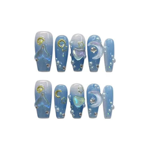 SHANGSHIQIN Синий 3D-эффект Русалка Градиентный Handcrafted False Nail 25mm Средний LADDER Синий Градиентный