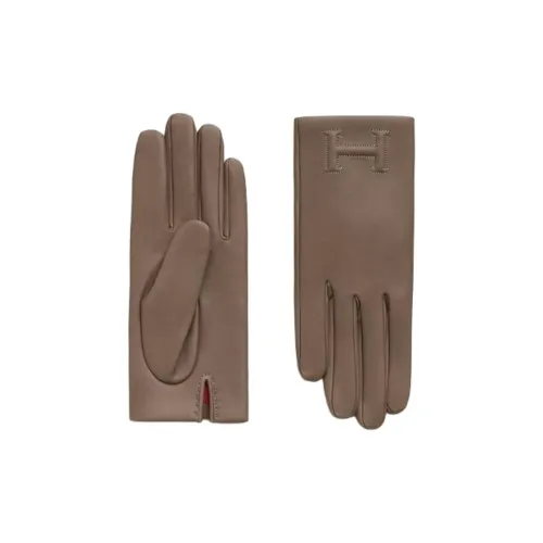 HERMES Кожа Шелк Перчатки Женские Коричневый