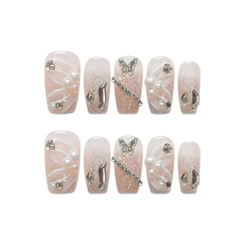 SHANGSHIQIN Мягкий Pearl 3D Эффект Цепь Осветляющий Handcrafted False Nail 20 мм Короткий LADDER Розовый Градиент