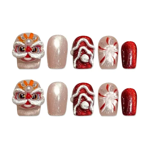 SHANGSHIQIN Китайский стиль Красный Лев Фейерверк Кошачий глаз Бабочка Handcrafted False Nail 15mm Короткий LADDER Красный Jump Цвет