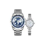 Серебряный корпус, синий циферблат, серебряный стальной браслет (мужской) + серебристо-белый, жемчужный, циферблат, стальной браслет (женский)