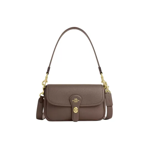 COACH Hadley Litchi Grain Leather Shoulder Bag Medium Women's Gold with Dark Gemstone