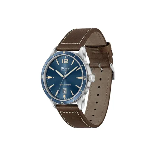 Hugo Boss Мужские часы Кварцевый механизм Кожаный ремешок 42 мм Синий циферблат