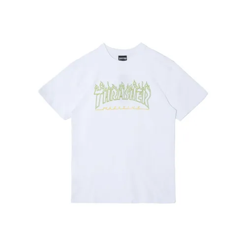 Thrasher Круглый вырез Облегающий Прямой крой Короткий рукав Т-рубашка Японская версия Унисекс Белый