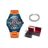 Синий корпус, черный циферблат, оранжевый ремешок