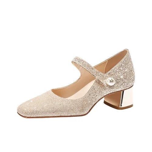 WEISHIBANGWEI Грубый каблук Туфли Мэри Джейн Женские Золотые