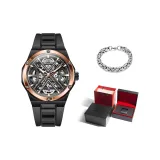 Розовый корпус, черный циферблат, черный ремешок