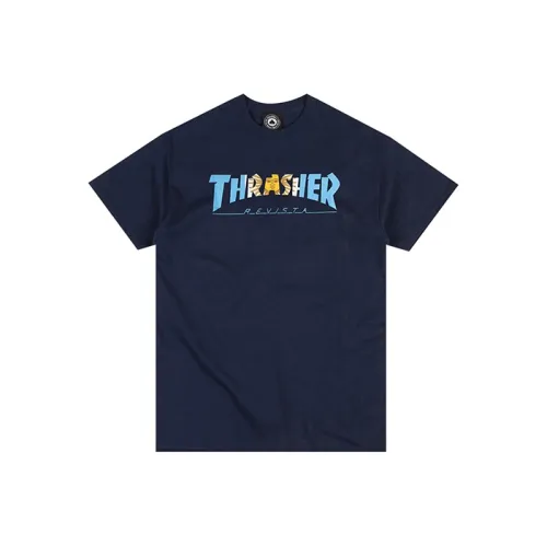Thrasher Круглый вырез Свободный крой Прямой крой Короткий рукав Т-рубашка Версия для США Унисекс Синий