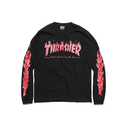 Thrasher Прямой крой Длинный рукав Т-рубашка Японская версия Унисекс Черный Красный