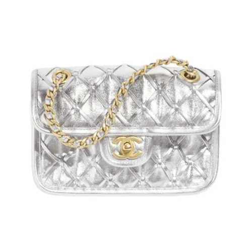 CHANEL Телячья кожа Сумка через плечо Мини Женская Металлический серебристый