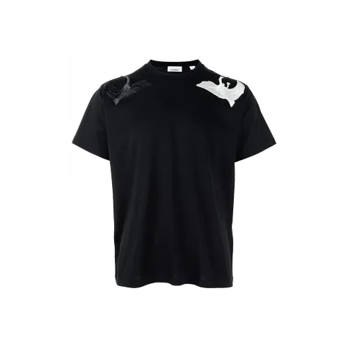 Burberry Однотонный Лебедь Узор Вышивка Круглый вырез Короткий рукав Рубашка T Рубашка Мужская Черная