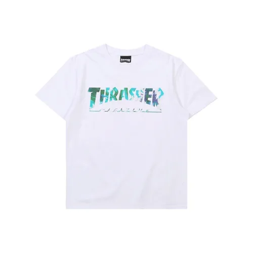 Thrasher Круглый вырез Свободный крой Прямой крой Короткий рукав Т-рубашка Японская версия Унисекс Белый