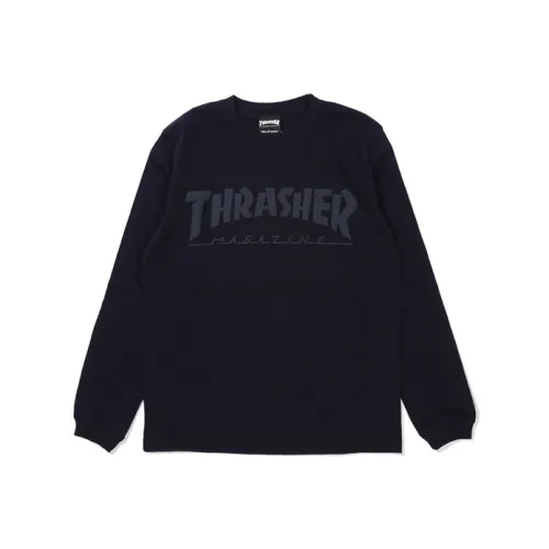 Thrasher Прямой крой Длинный рукав Т-рубашка Японская версия Унисекс Темно-синий