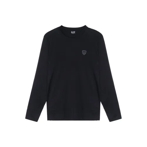 EMPORIO ARMANI Логотип на груди Однотонный Длинный рукав Т-рубашка Мужская Черная