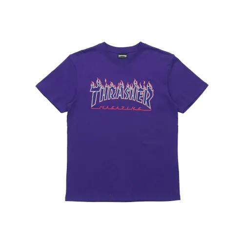 Thrasher Круглый вырез Свободный крой Прямой крой Короткий рукав Т-рубашка Японская версия Унисекс Фиолетовый