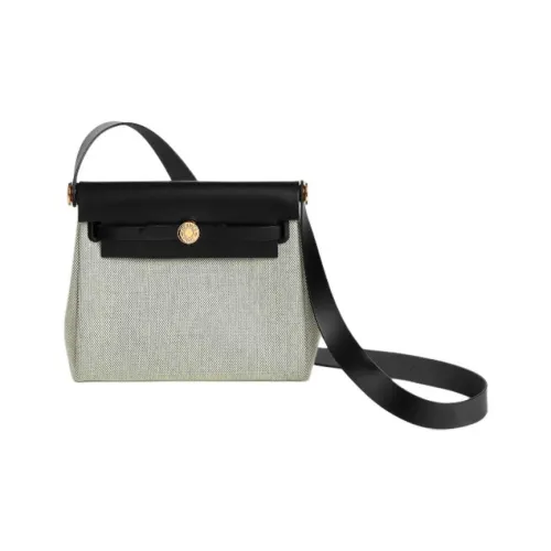 HERMES Herbag Zip HViking Холст Сумка через плечо Женская Светлый Бежевый Средний Зеленый Черный