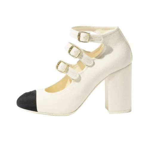 CHANEL 25S Грубый каблук Мэри Джейн Туфли 9,9 см Женские Слоновая кость