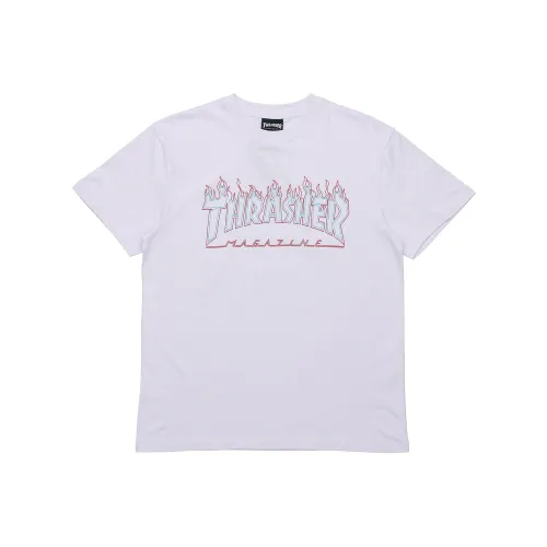 Thrasher Круглый вырез Свободный крой Прямой крой Короткий рукав Т-рубашка Японская версия Унисекс Белый