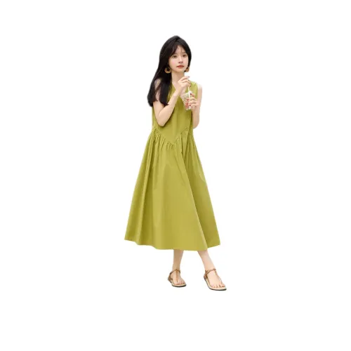 Mo Han Yi Mei Slip Платье Женское Горчично-зеленый