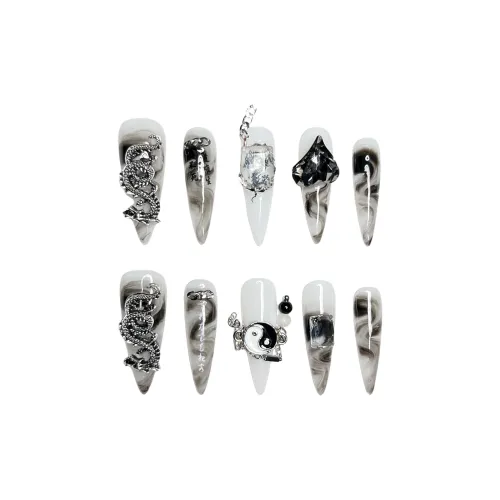 Rui Jin Премиум Coquette Style False Nail Точка Тип Черный Белый Smudge Китайский стиль 24 мм