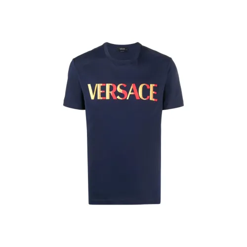 VERSACE Логотип Вышивка Круглый вырез Пуловер Короткий рукав Т-Рубашка Мужская Синяя