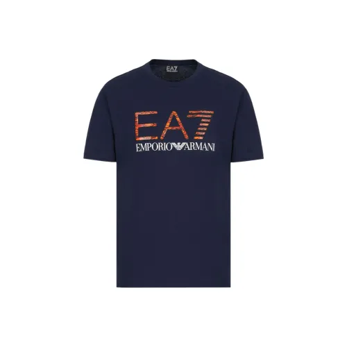 EMPORIO ARMANI EA7 Хлопок Однотонный Letter Logo С принтом Короткий рукав Рубашка T Рубашка Мужская Темно-синий