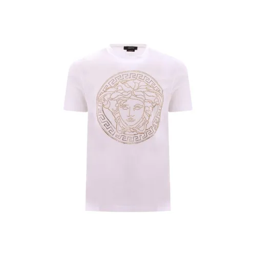 VERSACE Круглый вырез Короткий рукав Стразы Принт Пуловер Короткий рукав Т-Рубашка Мужская Белая