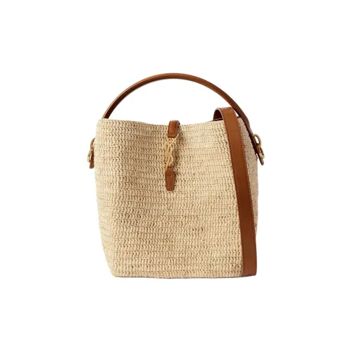 SAINT LAURENT Рафия Ведрообразная Сумка Сумка через плечо Сумка для женщин Бежевый и Коричневый