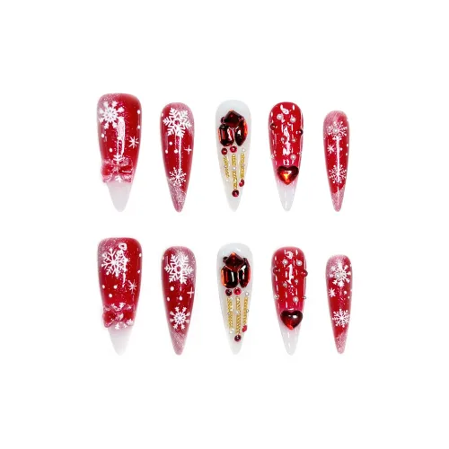 Rui Jin Падающий Снег Осветляющий Кокетливый стиль Роскошный стиль Мода False Nail Длинный Красный Размытый