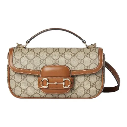 GUCCI Horsebit 1955 Покрытая ткань Одно плечо Сумка Маленькая Женская Бежевая и Темно-коричневая