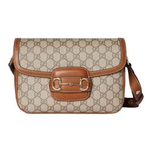 GUCCI Horsebit 1955 Покрытая ткань Сумка через плечо Маленькая Женская Бежевая и Коричневая