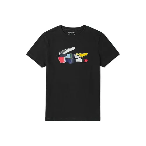 LACOSTE SS22 Круглый вырез Облегающий прямой крой Короткий рукав Т-рубашка Мужская Черная