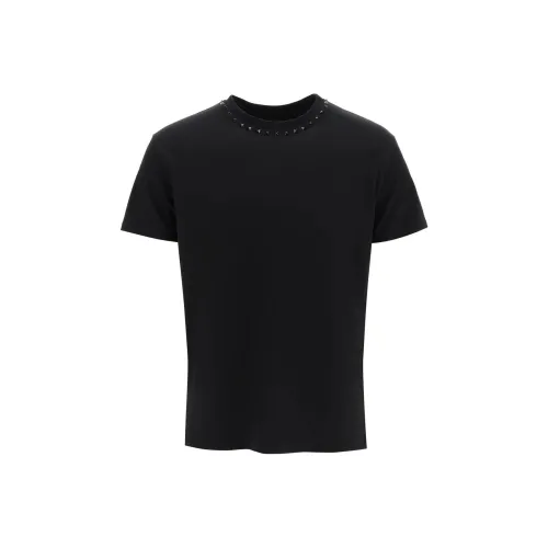 Valentino Однотонный Stud Ожерелье-чокер Круглый вырез Короткий рукав Т-рубашка Мужская Черная