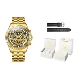 Золотистый стальной браслет, черный циферблат [Роскошная коробка]