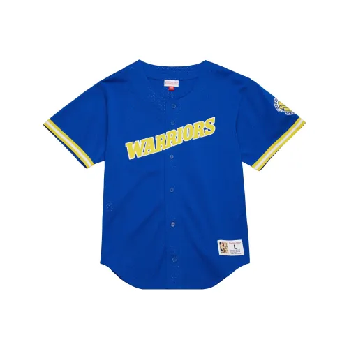 MITCHELL NESS On The Clock Сетка Пуговица Передняя часть Golden State Warriors T-Рубашка Мужская Синяя