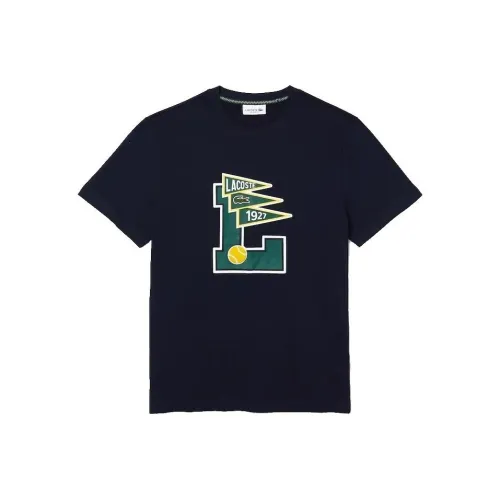 LACOSTE Круглый вырез Pennants L Значок Хлопок T Рубашка T Рубашка Мужская Морской синий