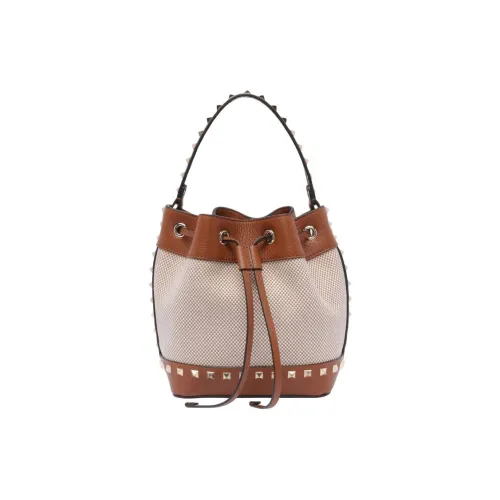Valentino Rockstud Ткань Ведрообразная Сумка Сумка через плечо Женская Коричневая и Бежевая
