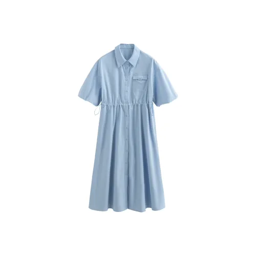 Initial Language Короткий рукав Платье Женское Небесно-голубой