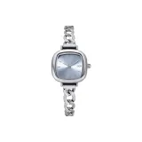 Серебряный корпус, синий циферблат.