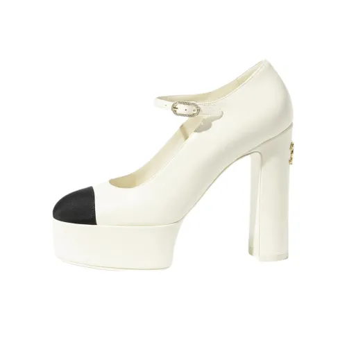 CHANEL 25S Грубый каблук Туфли Мэри Джейн 13 см Женские Белые