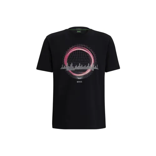 Hugo Boss FW23 Эластичный хлопок обычный крой рубашка с сезонным художественным принтом мужская черная