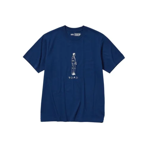 UNIQLO Мультяшный с принтом пуловер круглый вырез короткий рукав унисекс темно-синий