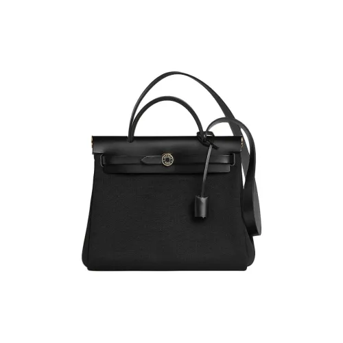 HERMES Herbag Zip Воловья кожа Пэчворк Холст Сумка Женская Черная