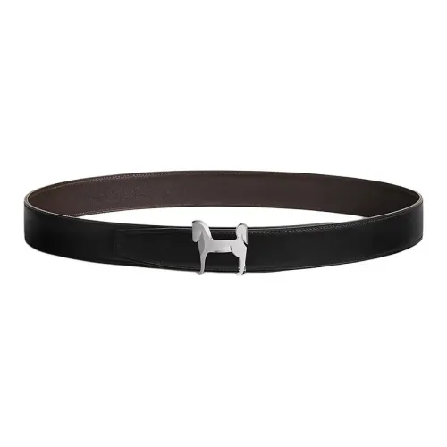 HERMES Нержавеющая сталь кожа телячья кожа кожаные ремни мужской черный ширина 3,2 см