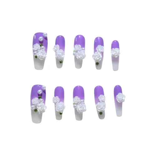 XUJING Ins Эксклюзивный Камелия Осветляющий Французский стиль Фея False Nail MID Длина (размер в длину) Белый Фиолетовый Размытый Coquette 27 мм