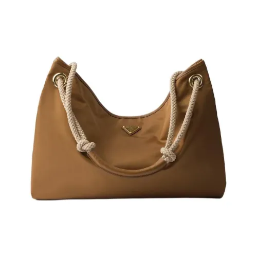 PRADA RE Нейлон Переработанный Полиамид Плечевая Сумка Большая Женская Коньячного Цвета