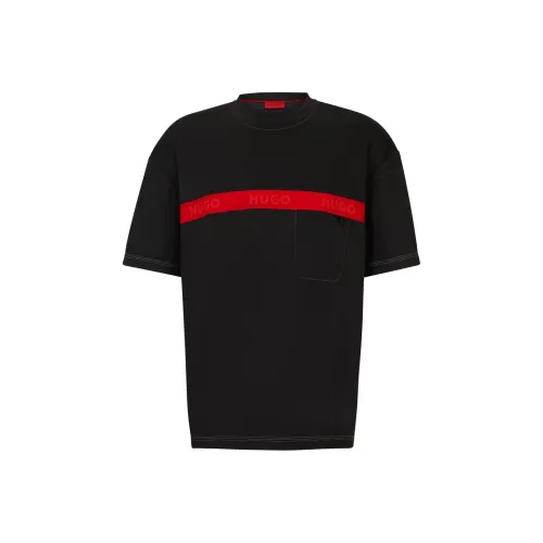 Hugo Boss Хлопковая Смешанная Рубашка с Красным Логотипом Ленты Рубашка Мужская Черная